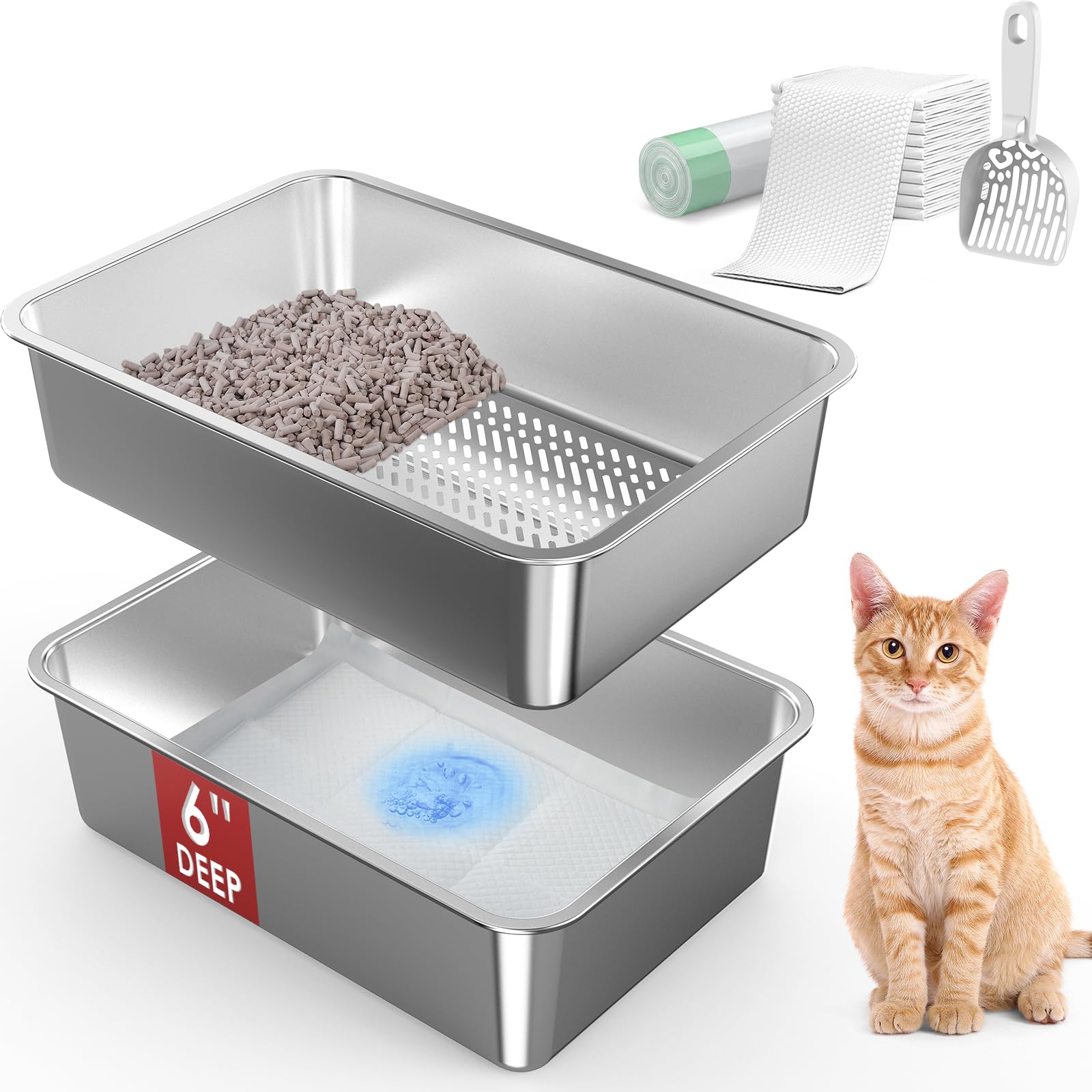 Charlie & Mollie stainless steel sifting litter box top view with odor-control design