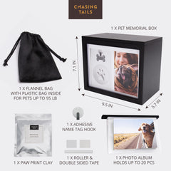 Chasing Tails dog urn with magnetic lid provides secure, easy access to keepsake ashes.