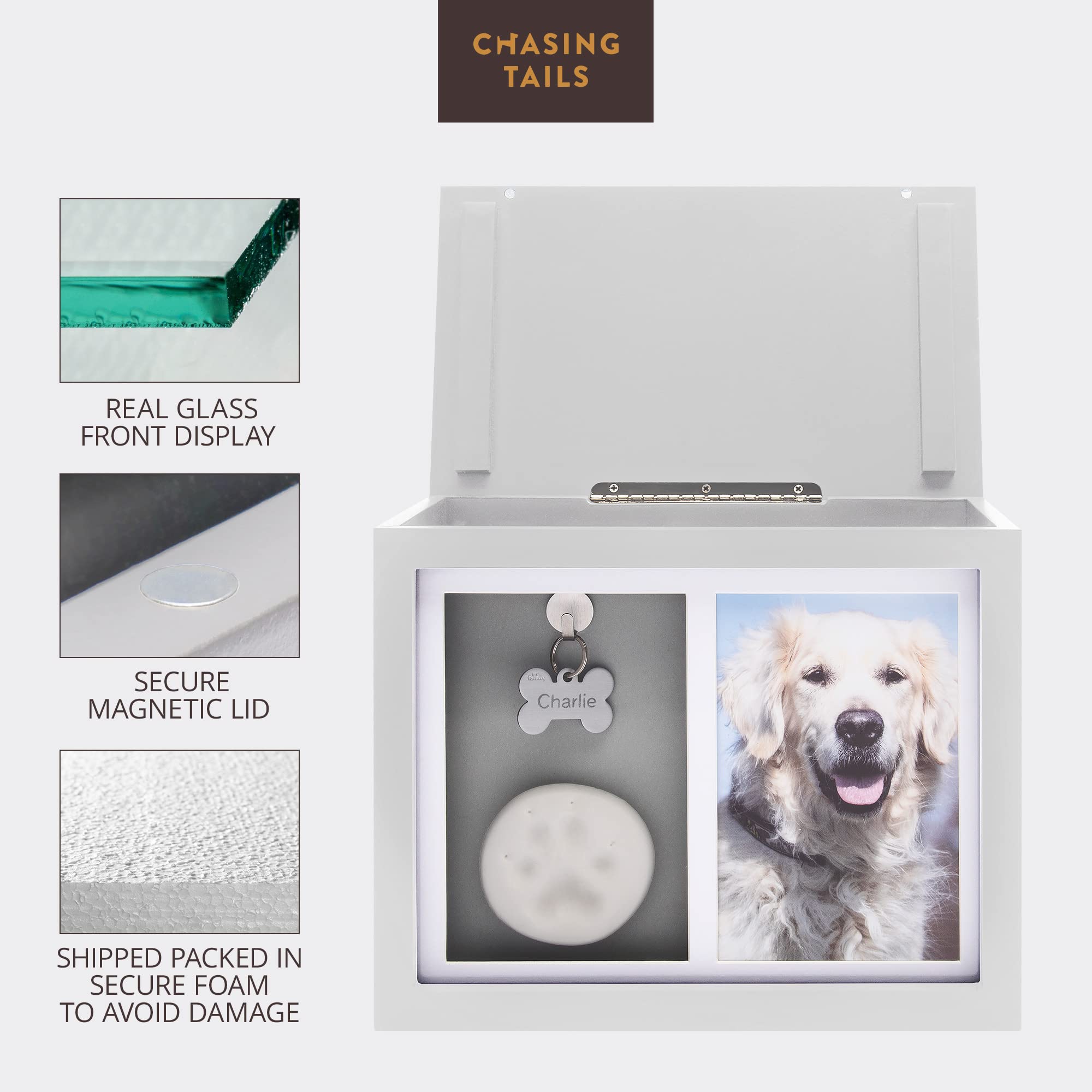 Chasing Tails spacious dog urn interior accommodates ashes and keepsakes
