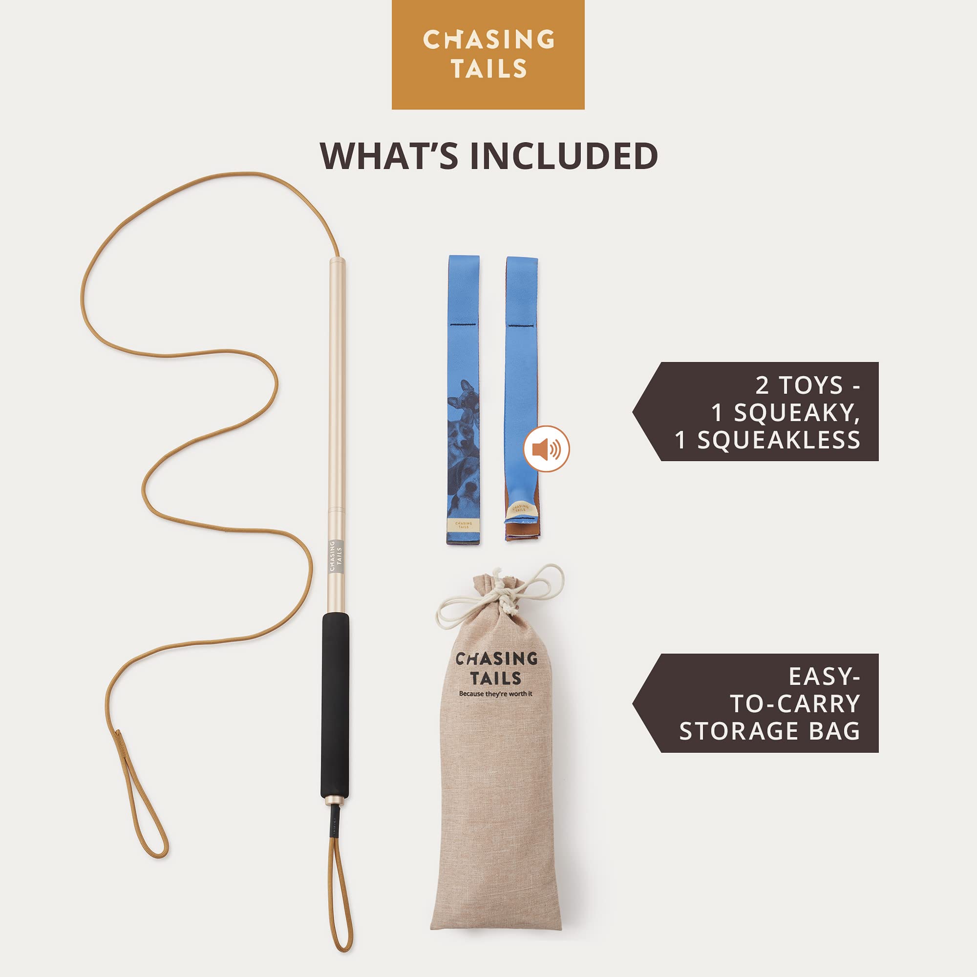 Chasing Tails flirt pole designed for small and medium dogs during playtime.