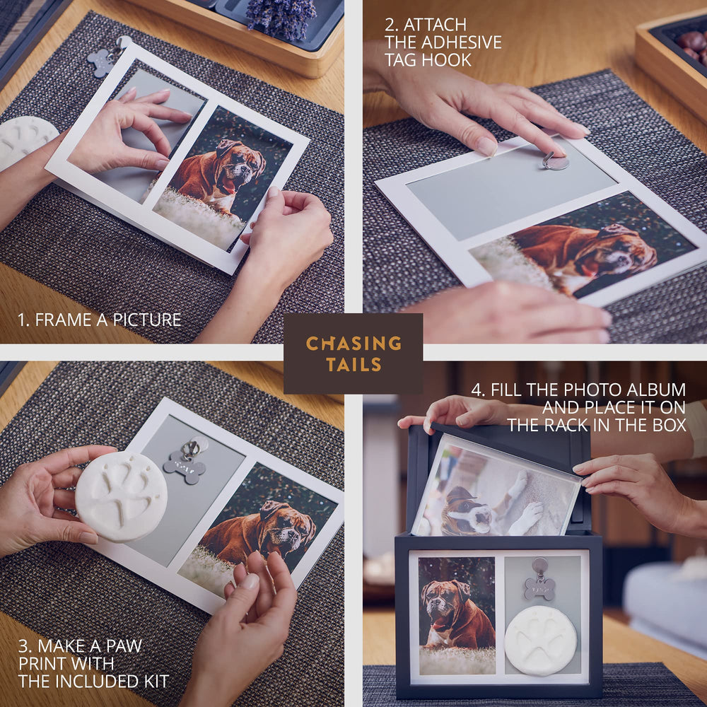 Chasing Tails pet urn front-frame photo keeps memories visible and ready to share.