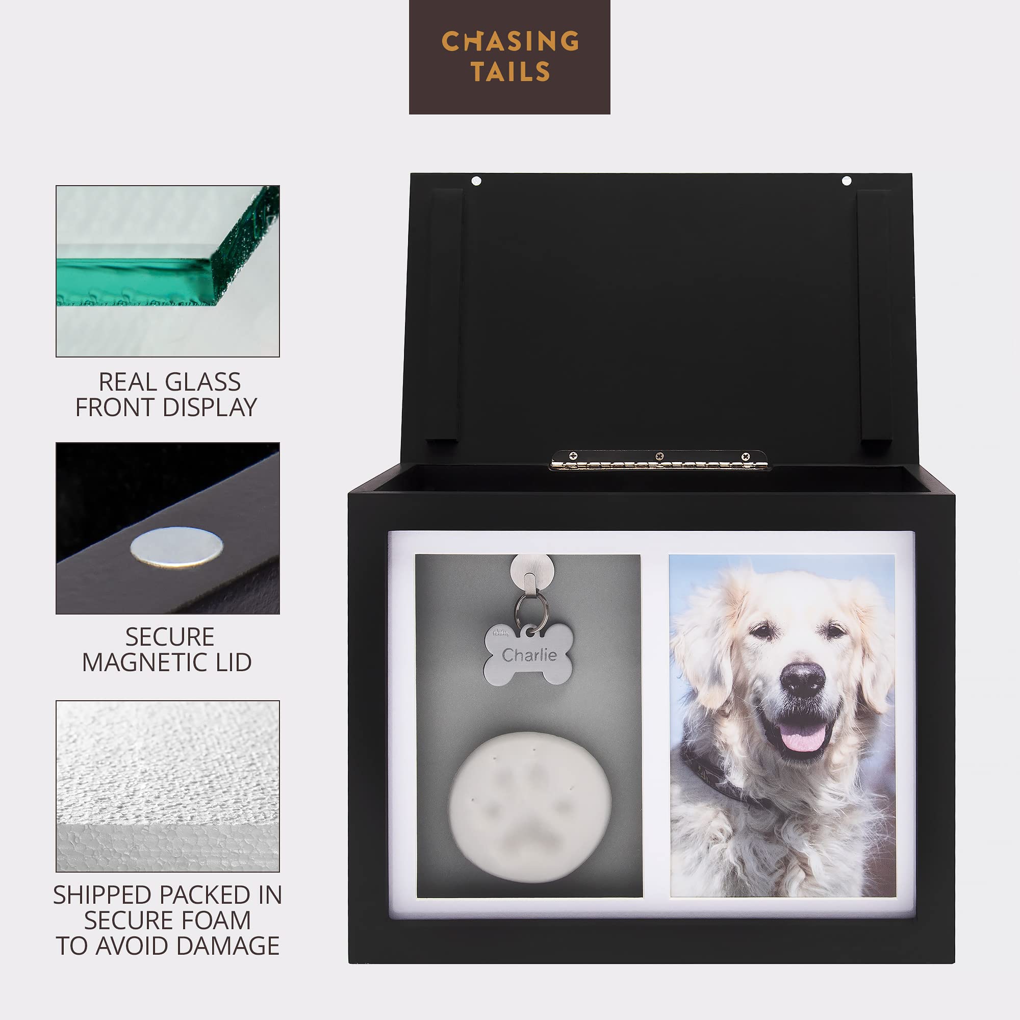 Chasing Tails pet urn spacious design accommodates belongings up to 95 lb for cherished keepsakes.