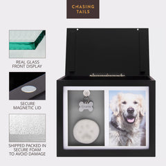 Chasing Tails pet urn spacious design accommodates belongings up to 95 lb for cherished keepsakes.