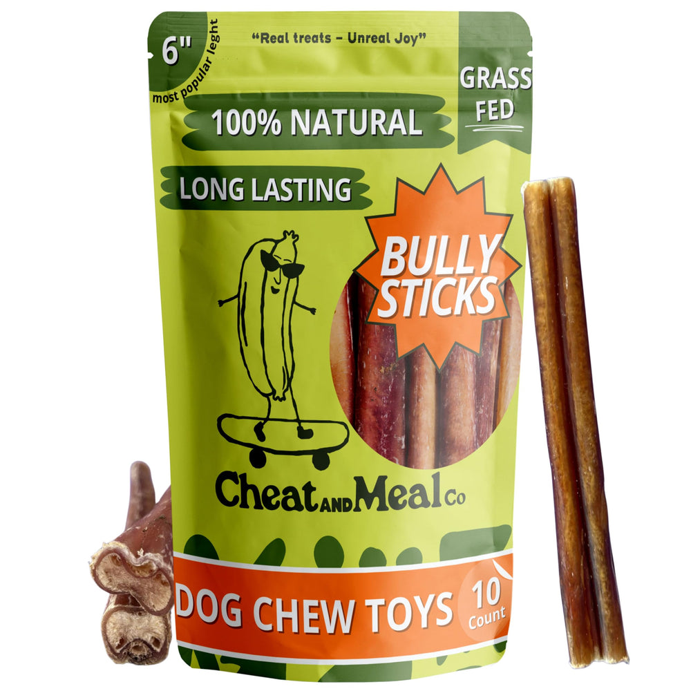 Cheat and Meal Co bully sticks 6-inch pack for long-lasting chewing.