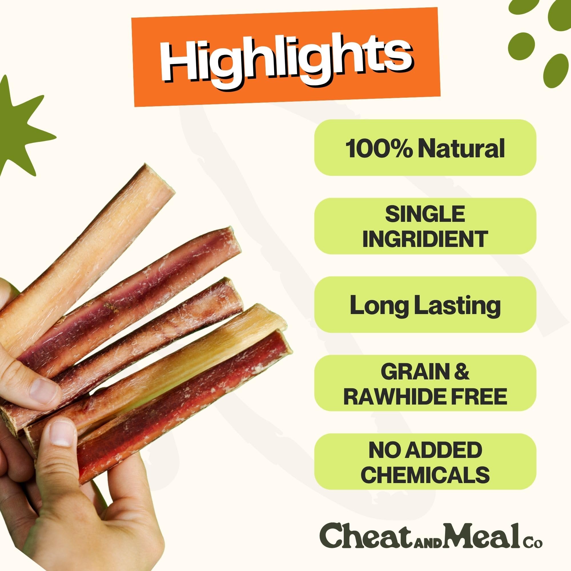 Cheat and Meal Co grass-fed beef pizzle close-up shows a single-ingredient chew.