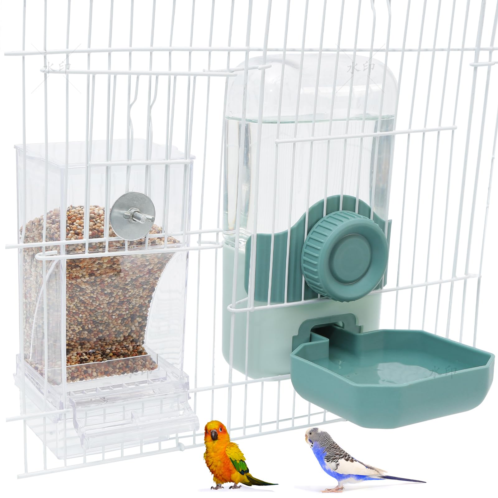 Chebet No Mess Bird Feeder Water Dispenser Set side view shows compact cage fit and tidy feeding.