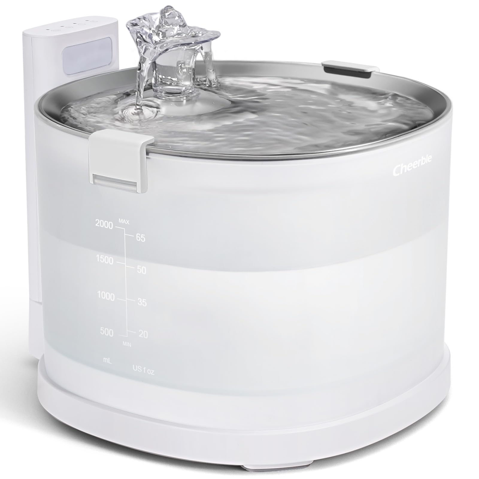 Cheerble Elfin Pumpless Fountain front view with stainless steel tray for clean drinking water.
