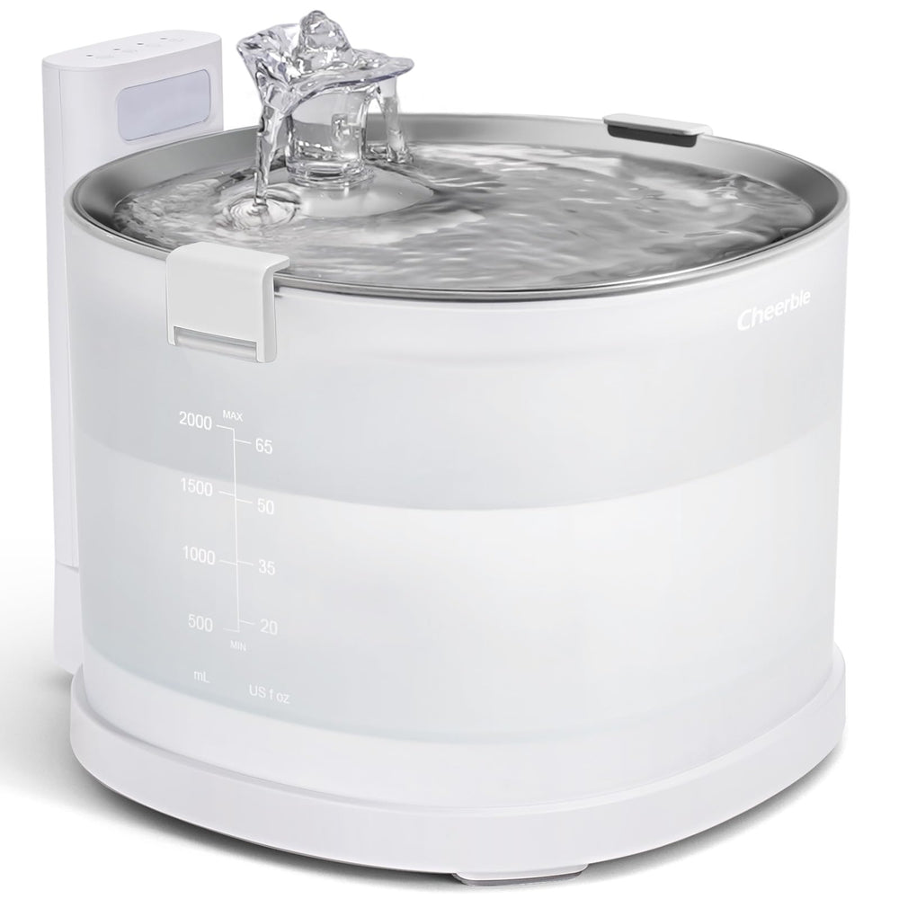 Cheerble Elfin Pumpless Fountain front view with stainless steel tray for clean drinking water.
