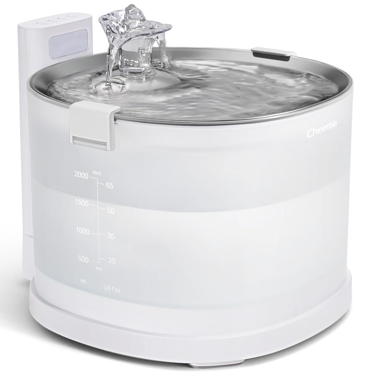 Cheerble Elfin Pumpless Fountain front view with stainless steel tray for clean drinking water.