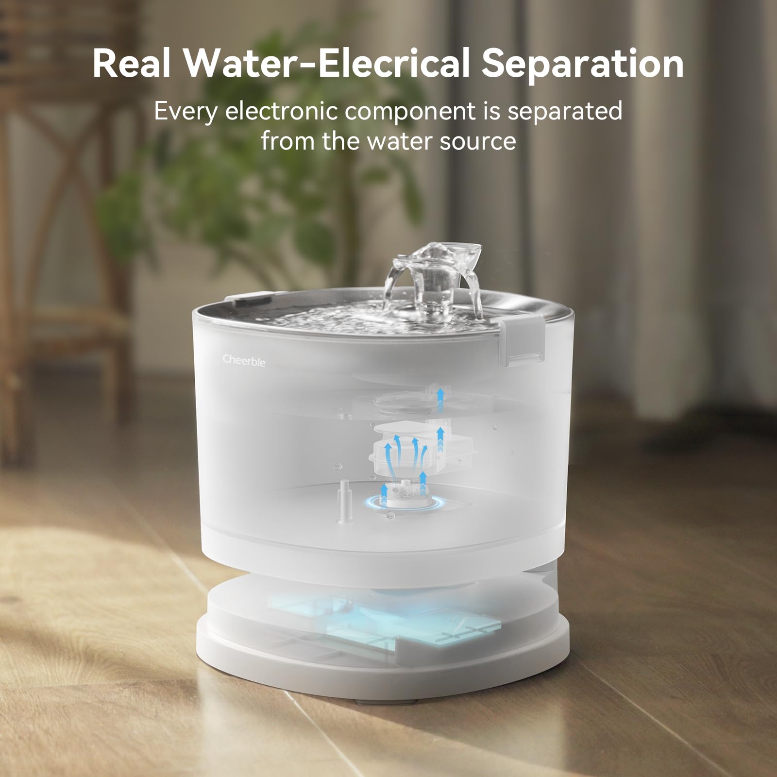 Cheerble Elfin Fountain stainless-tray image shows BPA-free, food-grade materials for safe drinking.