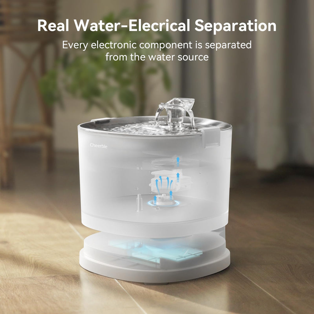 Cheerble Elfin Fountain stainless-tray image shows BPA-free, food-grade materials for safe drinking.