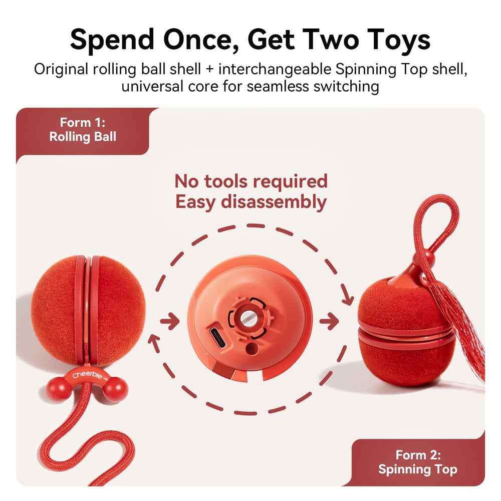 Cheerble Wicked Ball Duo2 spinning top mode shown, stimulating curiosity and agile pouncing in cats.