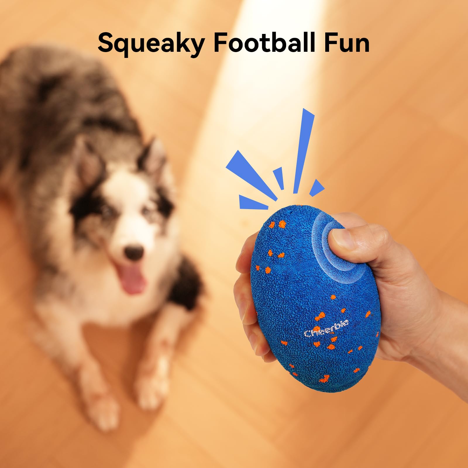 Cheerble Wicked Rugby toy squeaky feature for dog engagement.