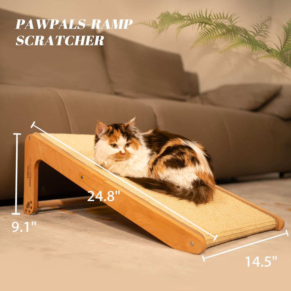 CHEERHOME PETS indoor cat uses scratch ramp for natural climbing and play.