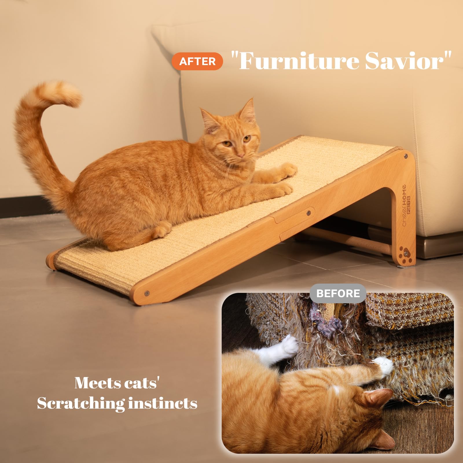 CHEERHOME PETS sisal scratcher ramp angle shown in corner of room for climbing.