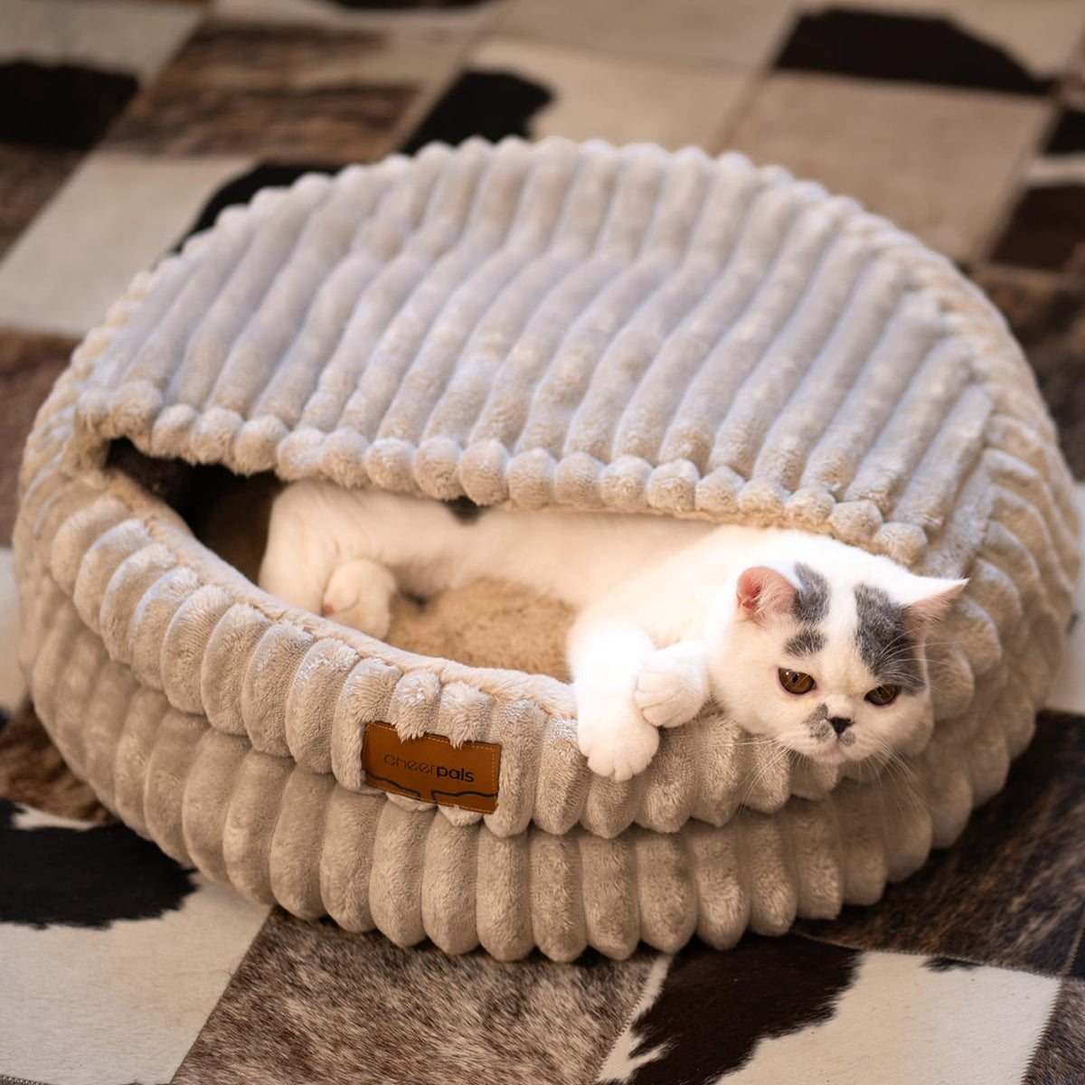 CHEERPALS cat bed round khaki closeup reveals plush fabric for cozy naps.