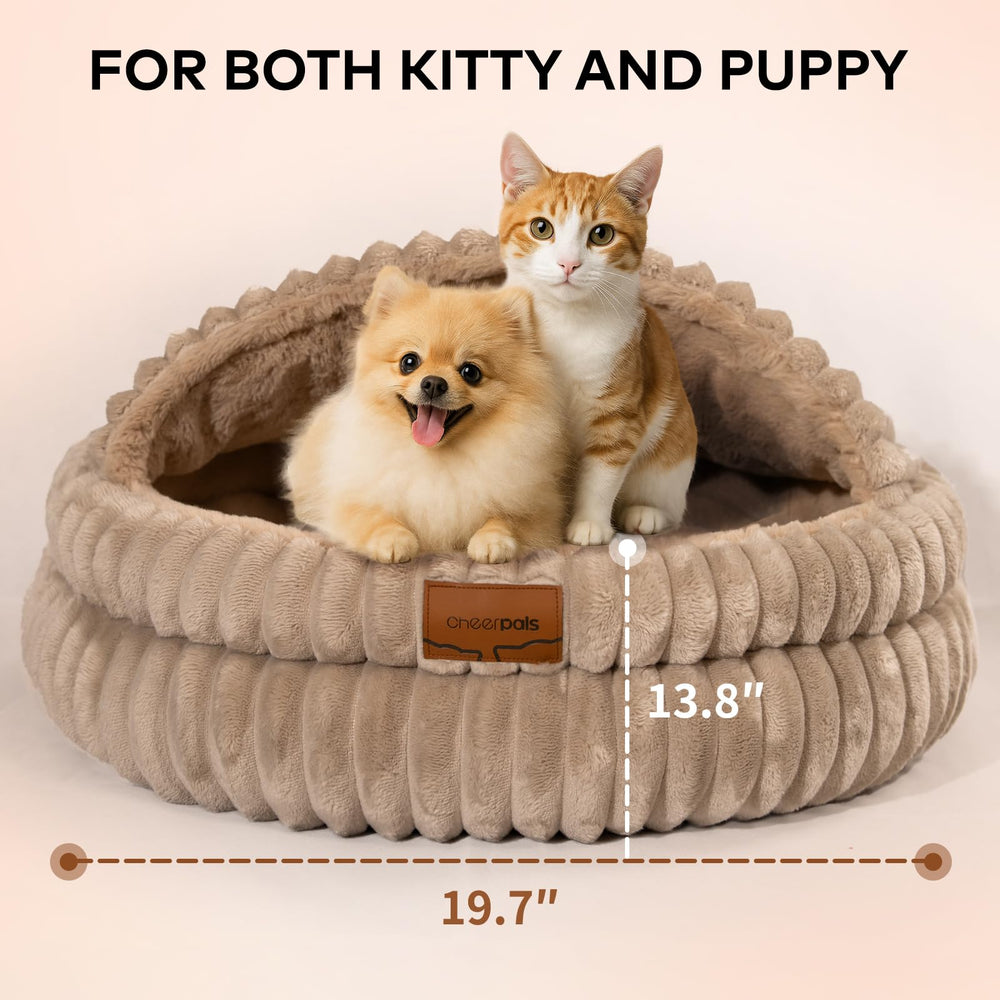 CHEERPALS cat bed round khaki folded for compact storage and travel.