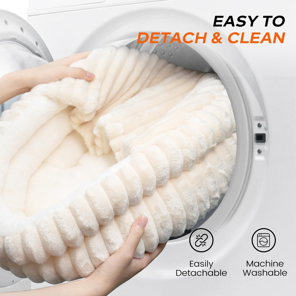 CHEERPALS cat bed round khaki in-use demonstrates cozy hideaway for cats.