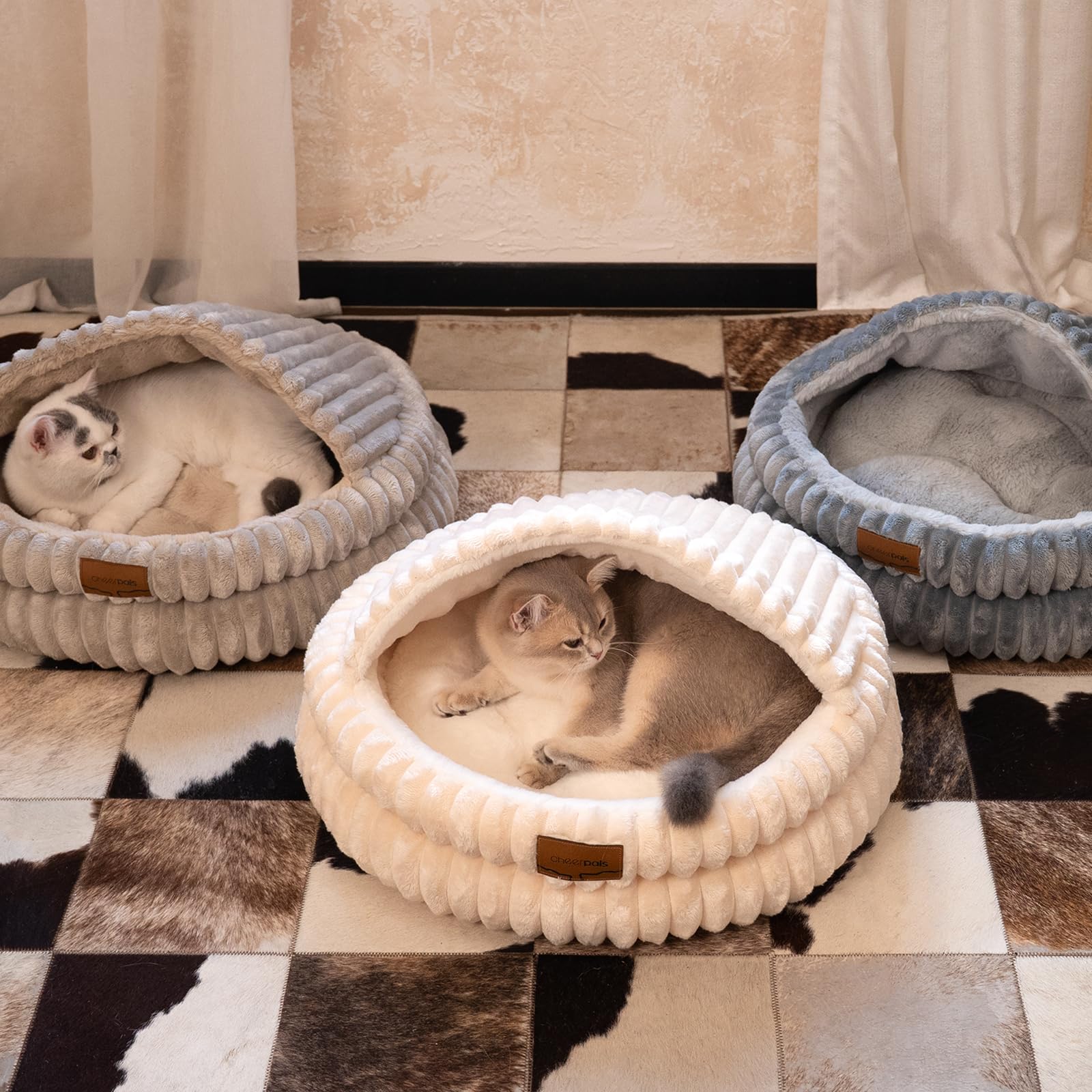 CHEERPALS cat bed round khaki soft-fluff surface supports calm, comfy naps.