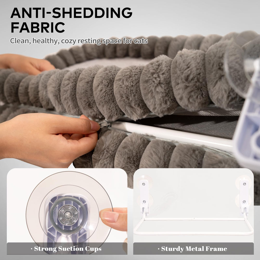 CHEERPALS cat window perch grey fabric cover displayed while cat lounges.