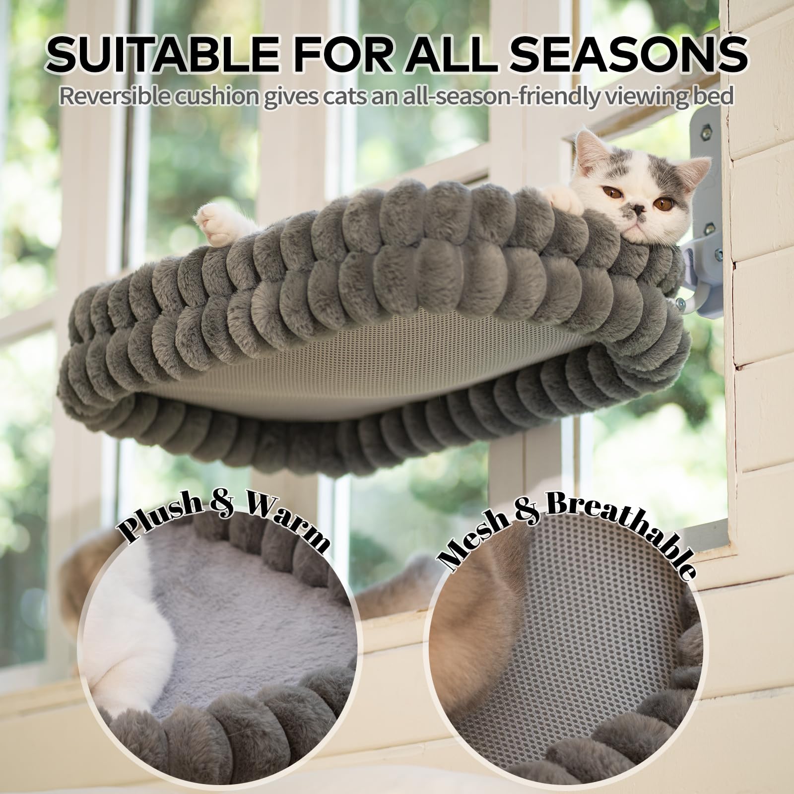 CHEERPALS cat window perch reversible cushion highlighting plush warmth for winter lounging.