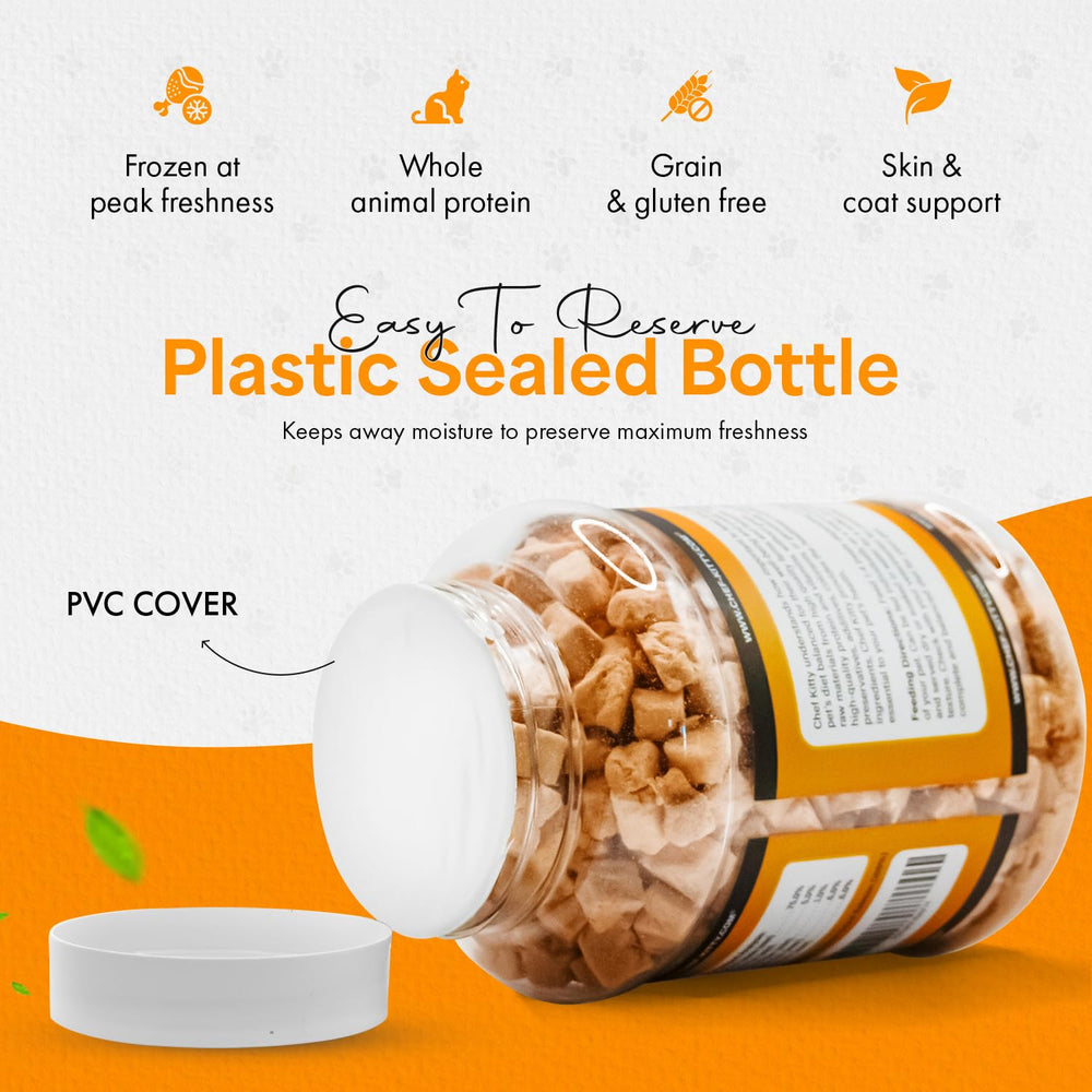 Chef Kitty eco-friendly pet snacks shot emphasizes sustainable sourcing and responsible feeding.