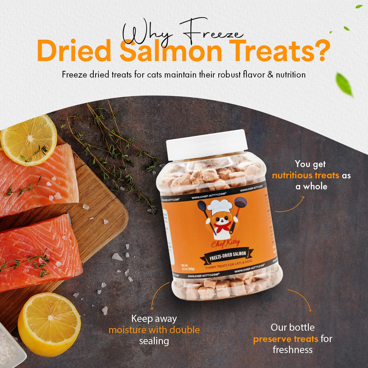 Chef Kitty high-protein pet snack image suggests satisfying treats for active cats and dogs.