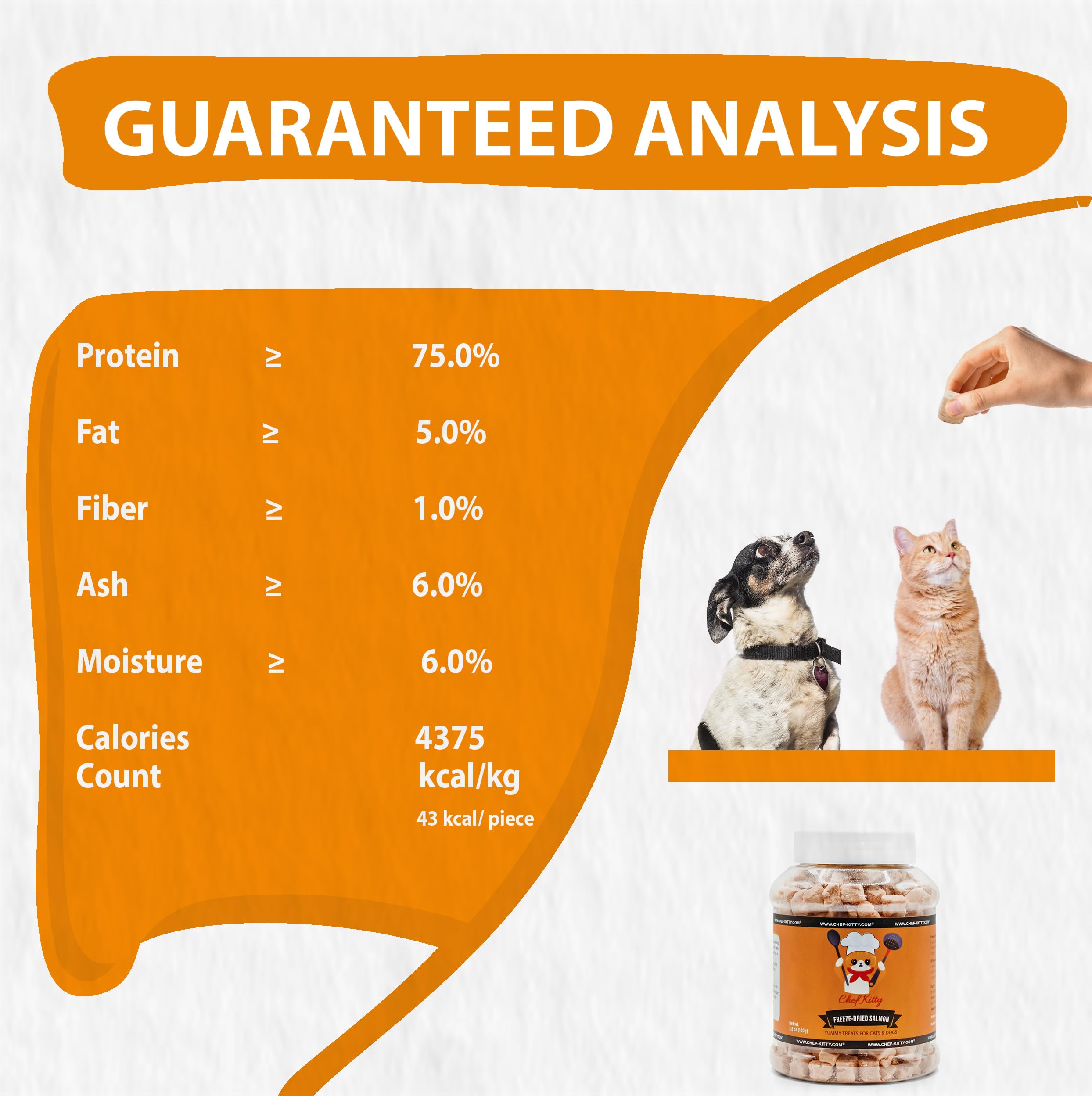 Chef Kitty no additives preservatives photo reinforces clean, pure salmon snack idea.