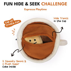 CHEWFFON dog coffee cup toy showing hidden squeaky beans for puzzle play.