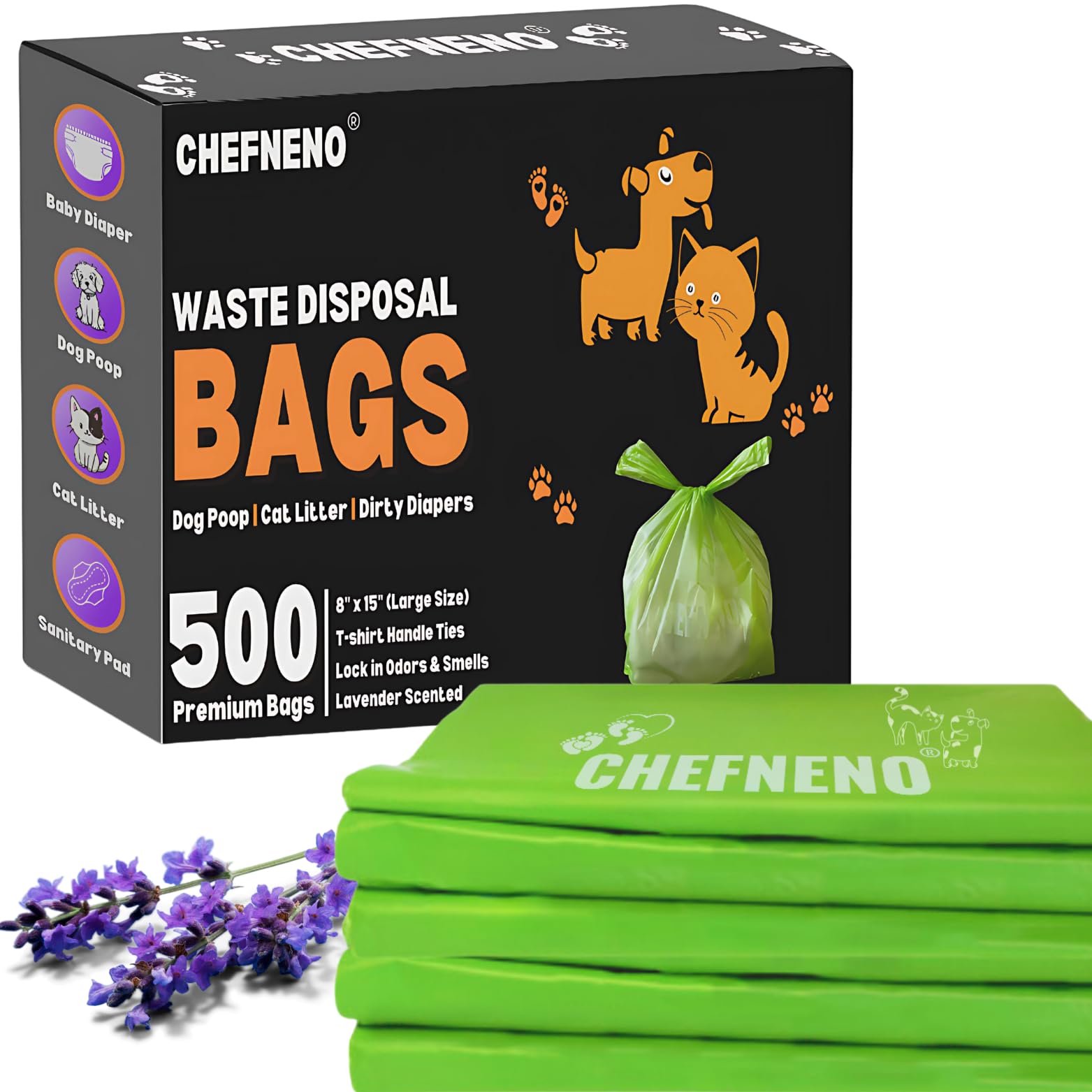 CHEFNENO green biodegradable cat litter bags shown for eco friendly waste disposal