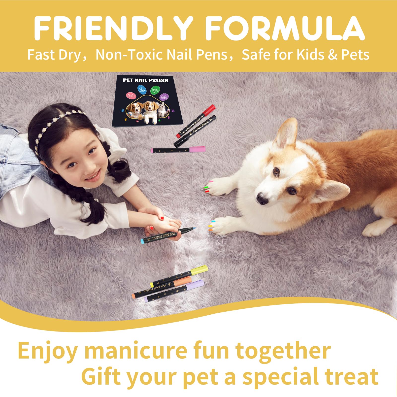 Cheloment nail polish pen on pet paws demonstrates quick-dry design benefits.