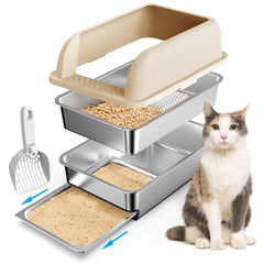CHENOVE stainless steel litter box with drawer open for easy waste disposal.