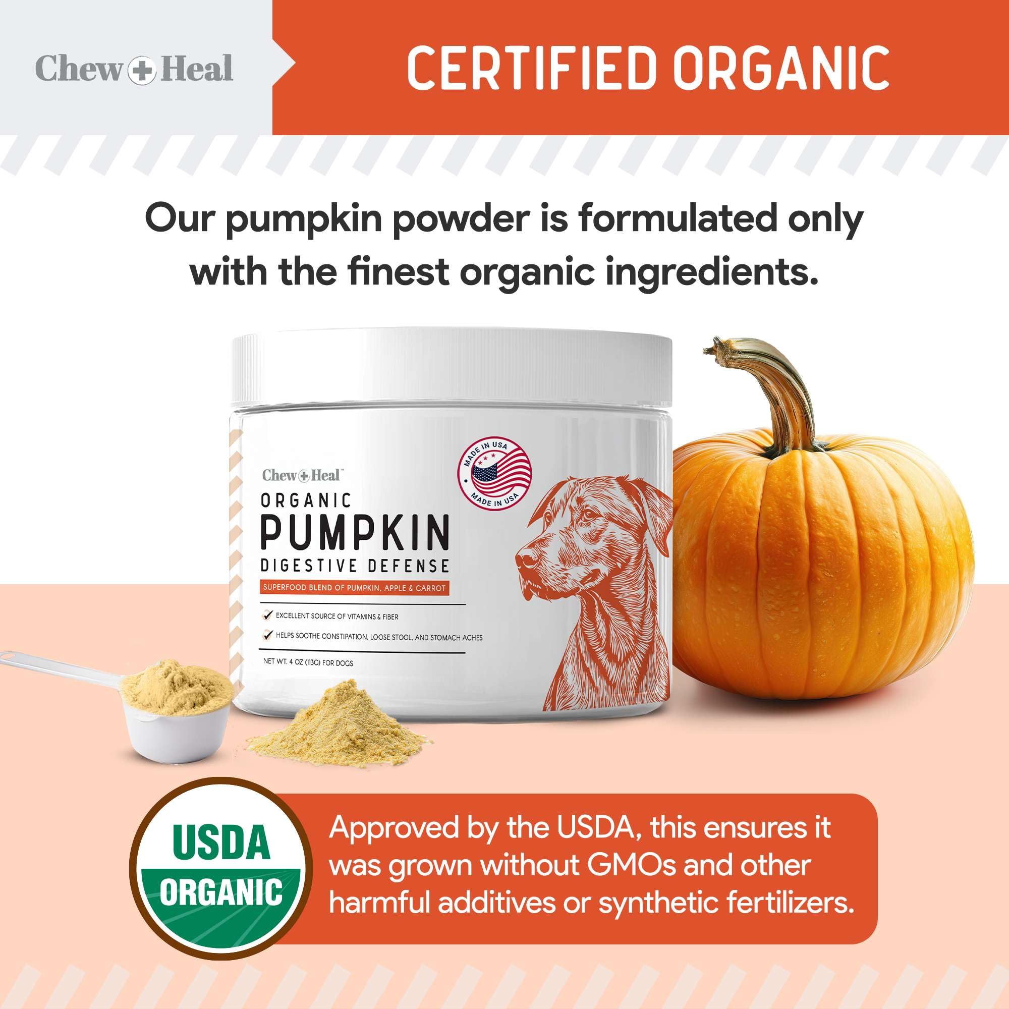 Chew + Heal Labs pumpkin powder topping on dog meals for daily nutrition.