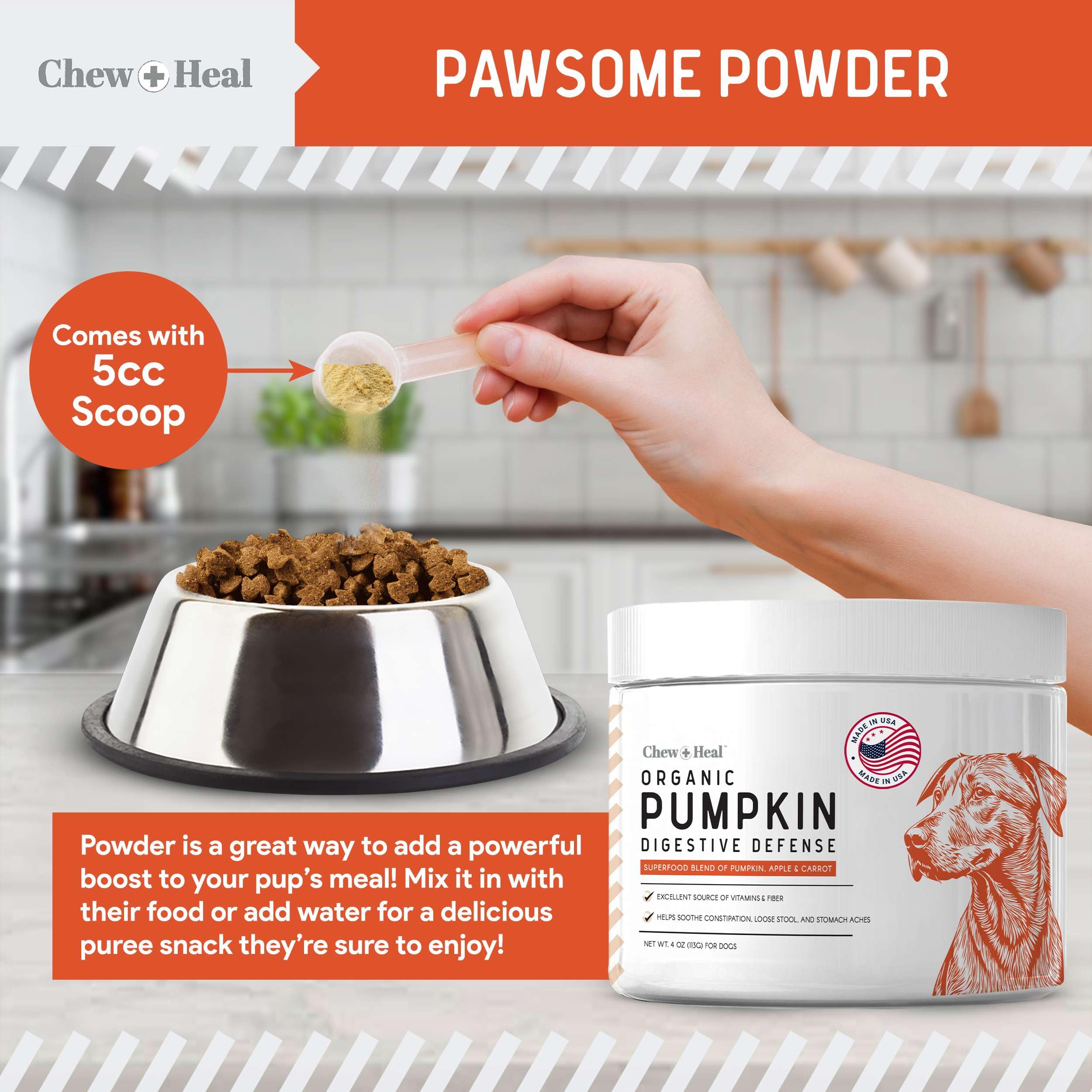Chew + Heal Labs USA-made pumpkin powder quality for pets.