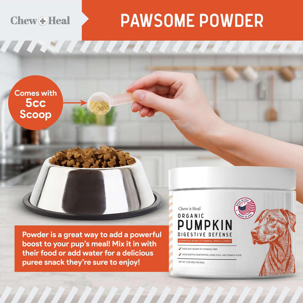 Chew + Heal Labs USA-made pumpkin powder quality for pets.