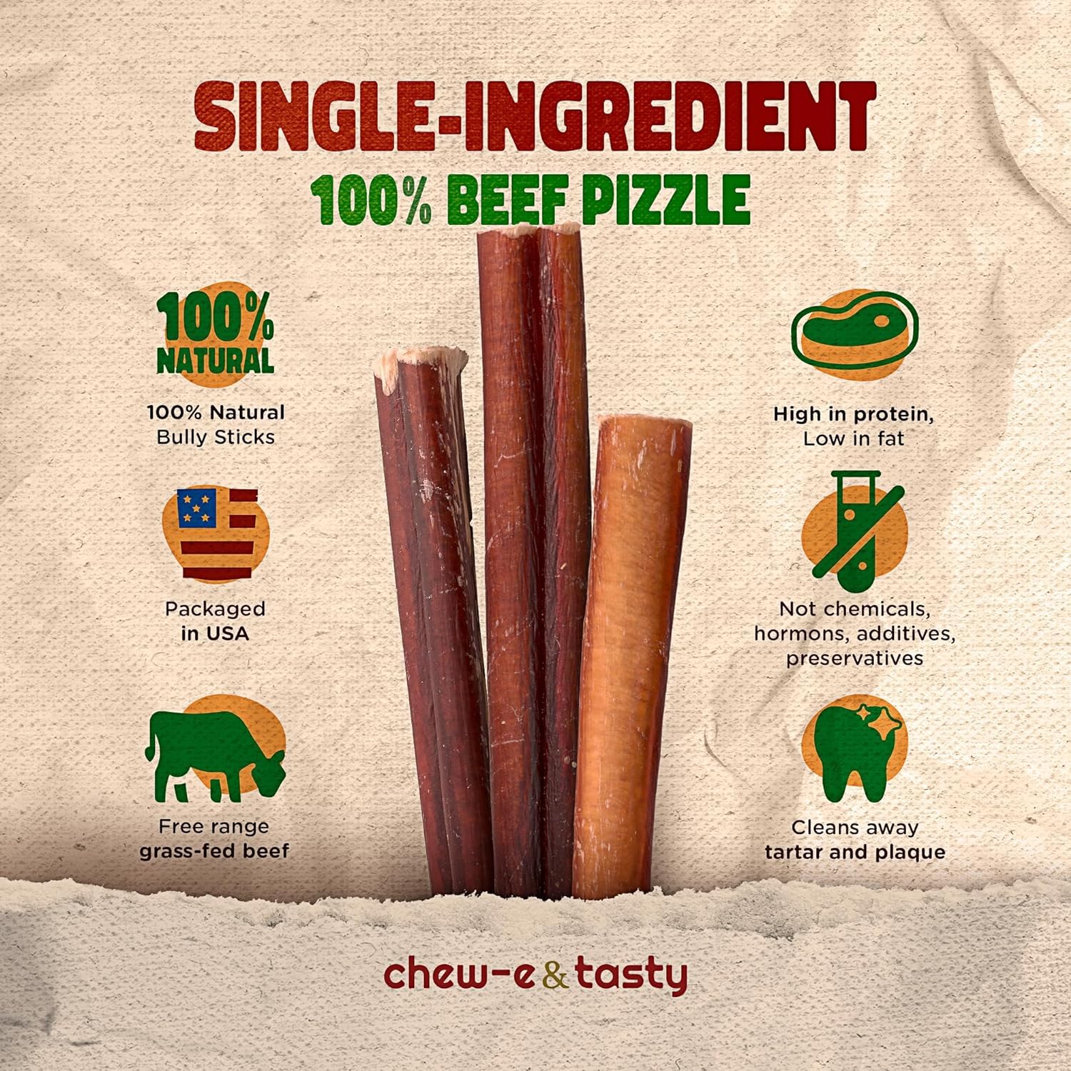 Chew-e&tasty 12-inch beef bully stick close-up showing dense texture