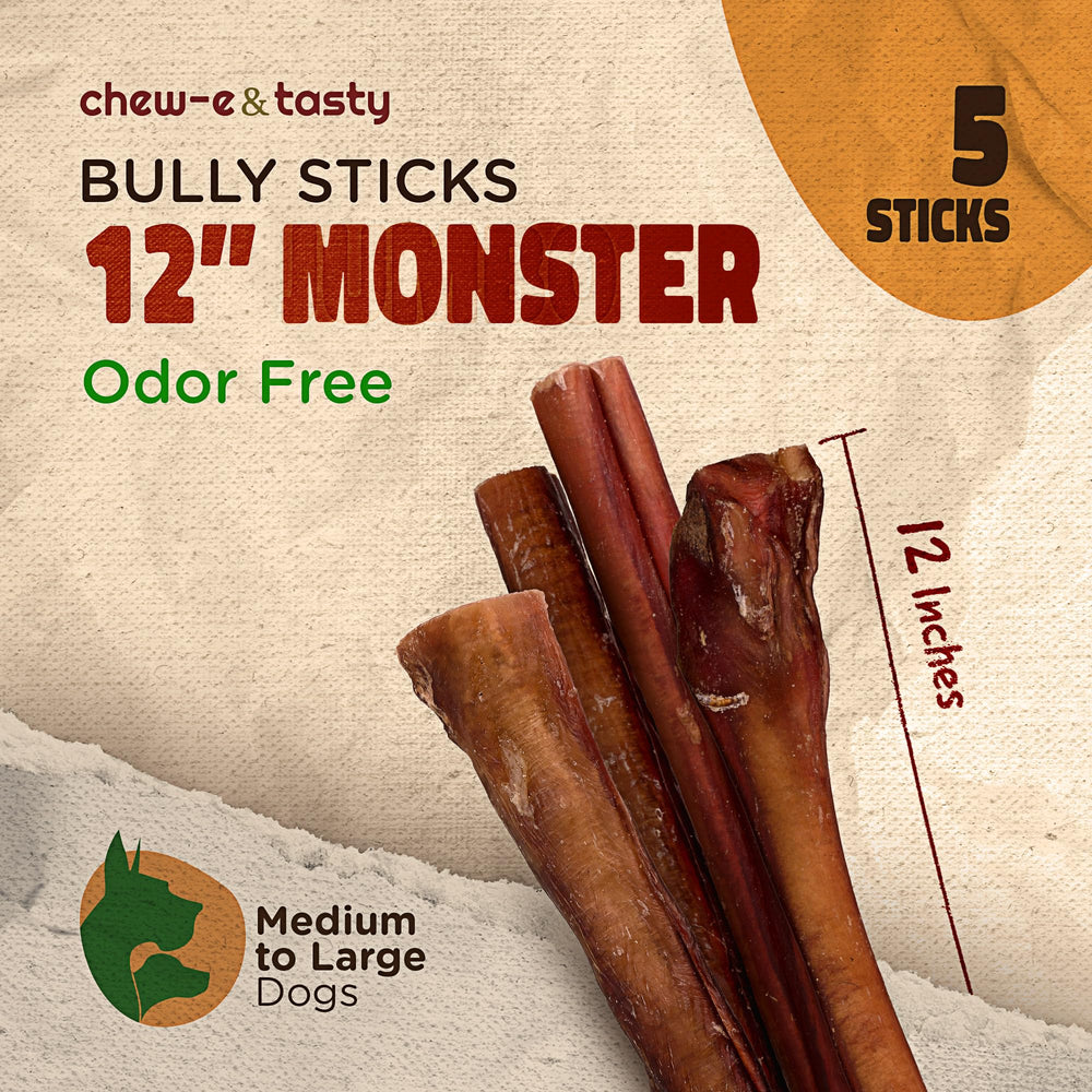 Chew-e&tasty Monster Odor Free Bully Sticks 12-inch length for durable chewing