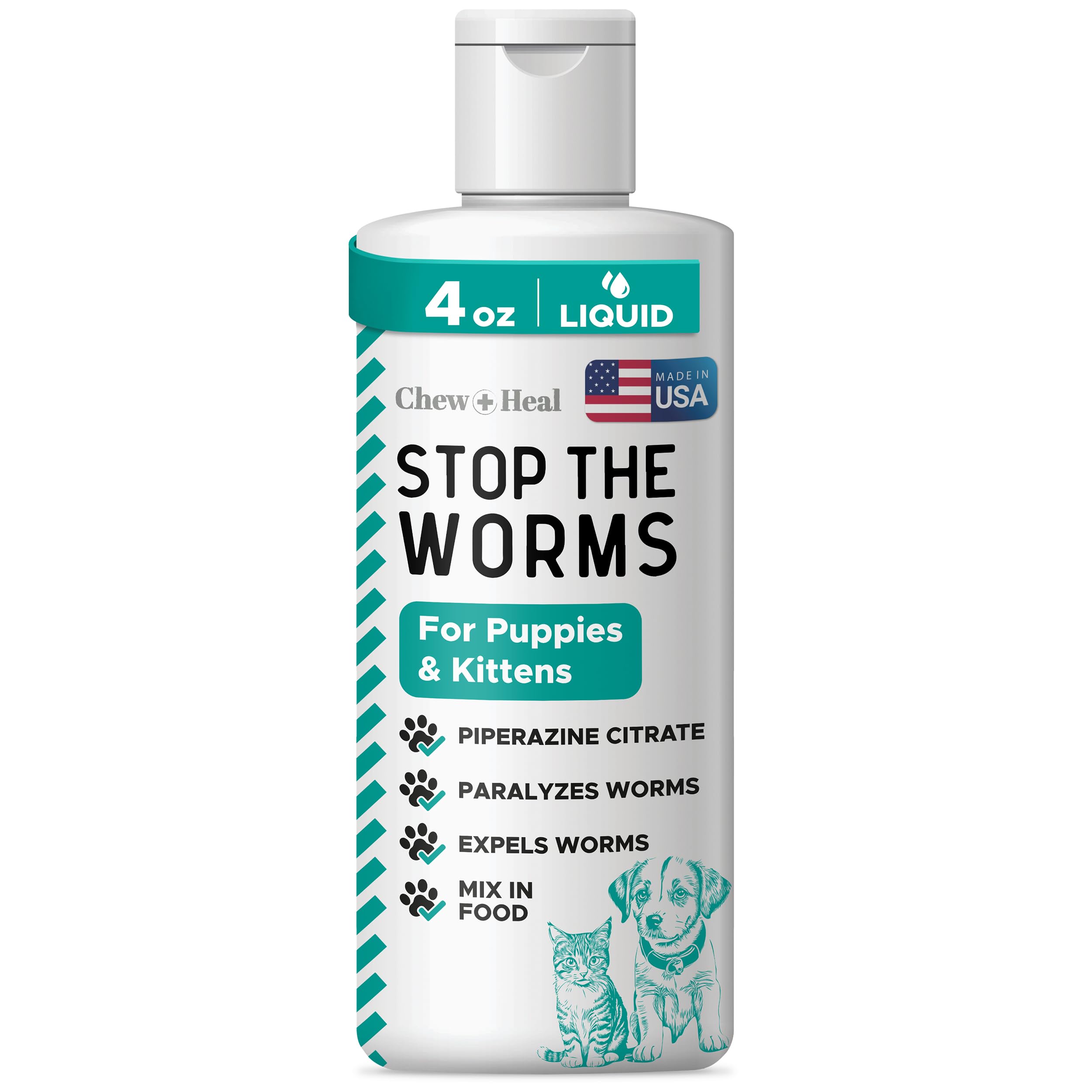 Chew + Heal Labs dewormer liquid bottle ready for roundworm support.