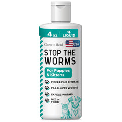 Chew + Heal Labs dewormer liquid bottle ready for roundworm support.