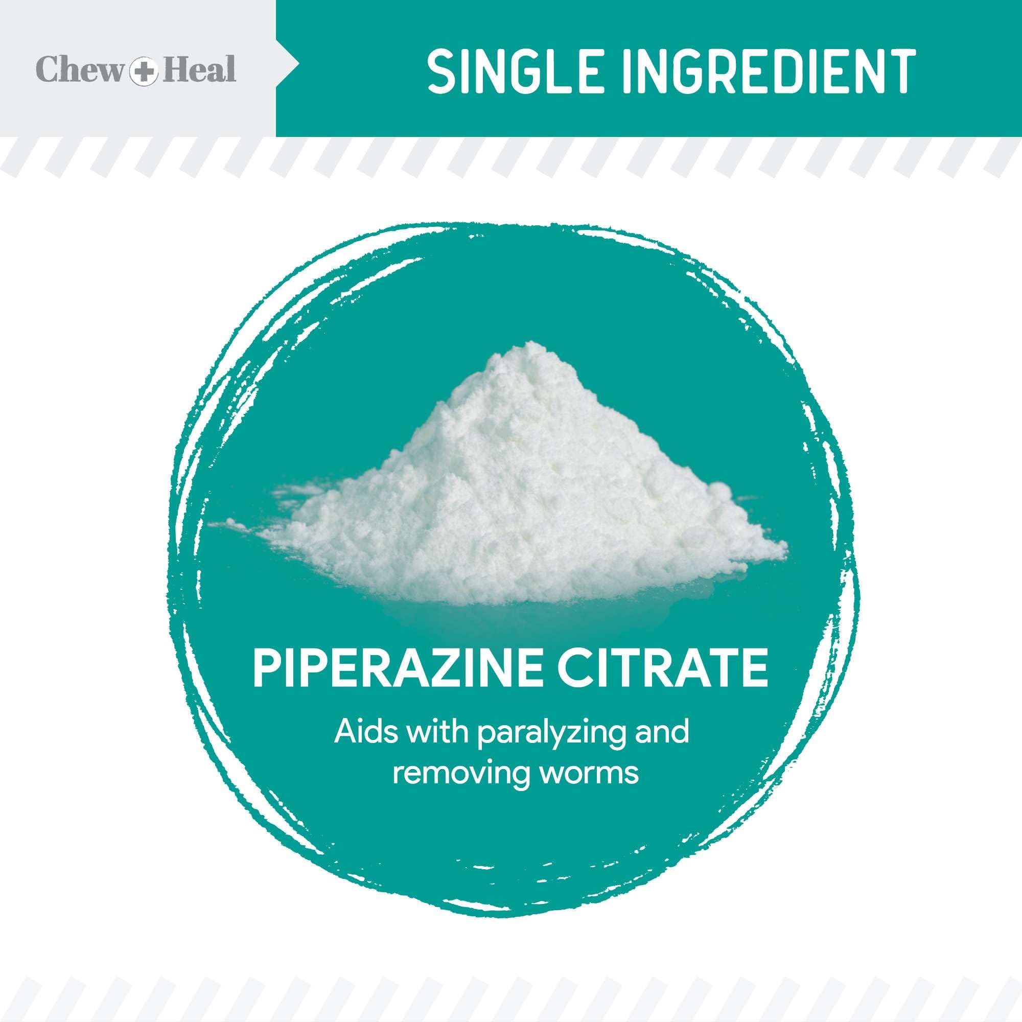 Chew + Heal Labs dewormer liquid being poured into pet food for dosing.