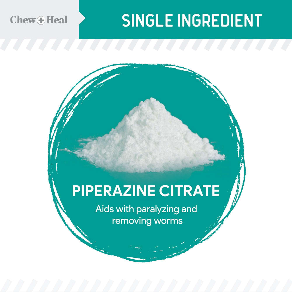 Chew + Heal Labs dewormer liquid being poured into pet food for dosing.