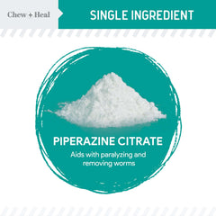 Chew + Heal Labs dewormer liquid being poured into pet food for dosing.