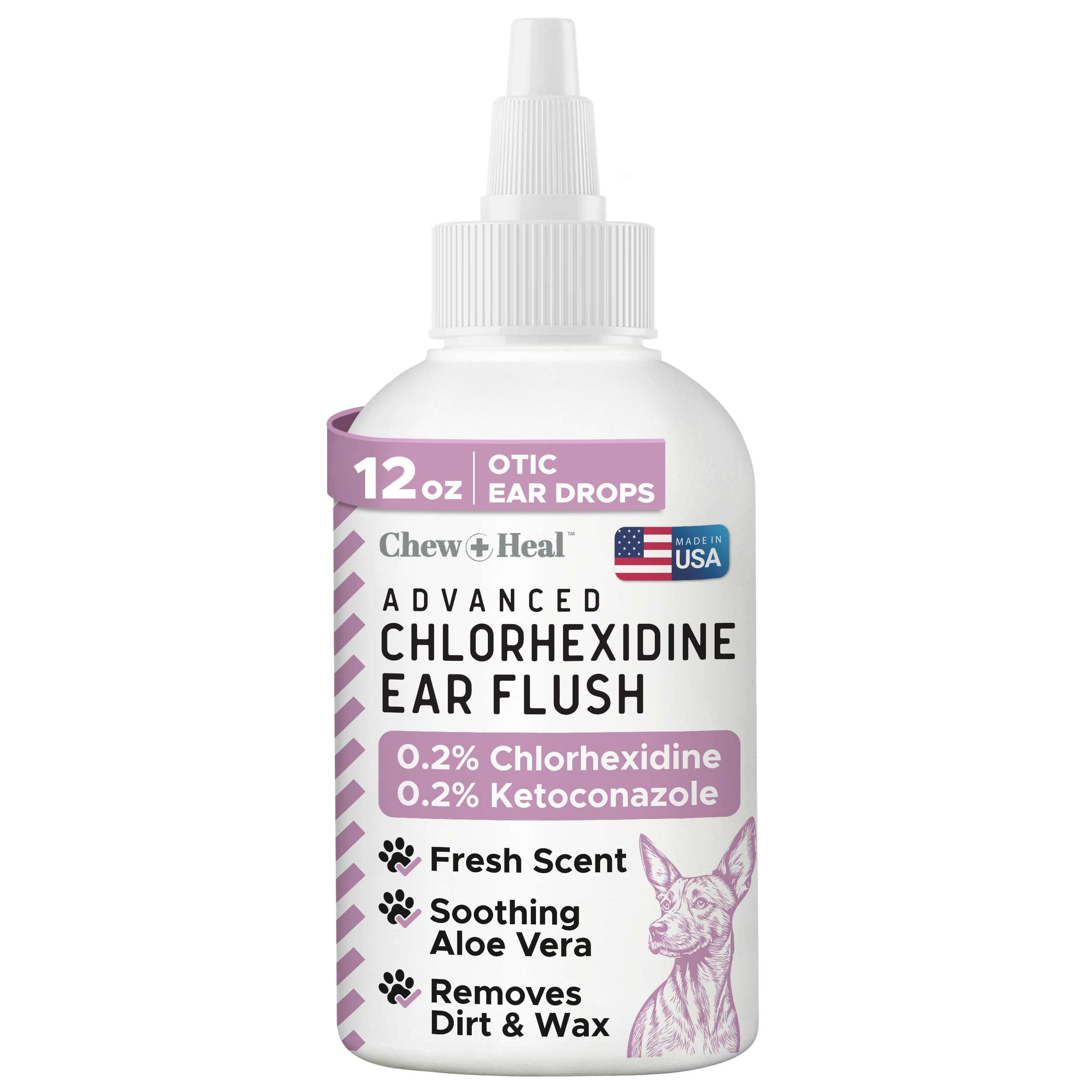 Chew Heal Labs dog ear cleaner bottle with 12 oz supports ear cleanliness and buildup removal.