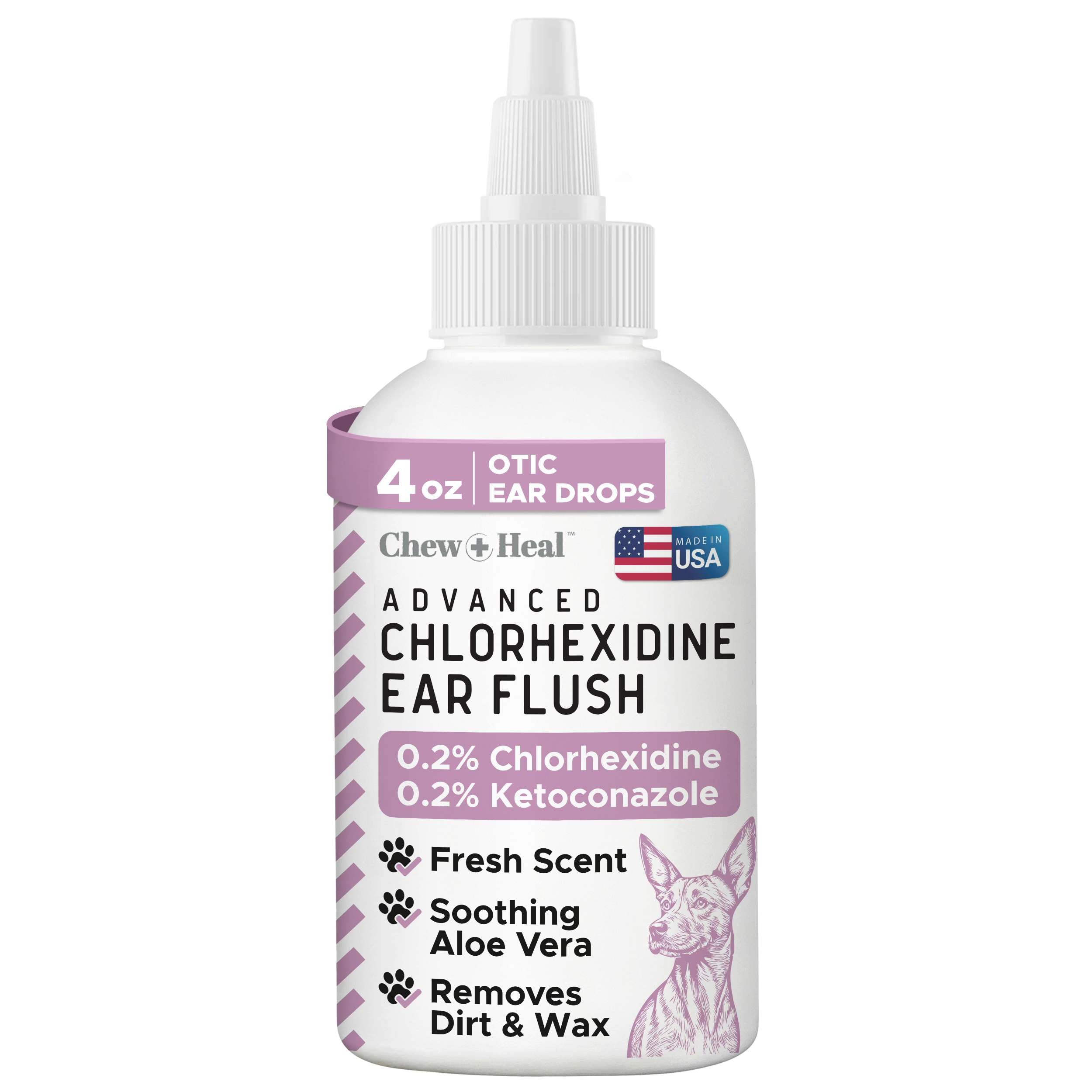 Chew + Heal Labs dog ear cleaner bottle pour demonstrates easy dispensing for dirt and wax relief.