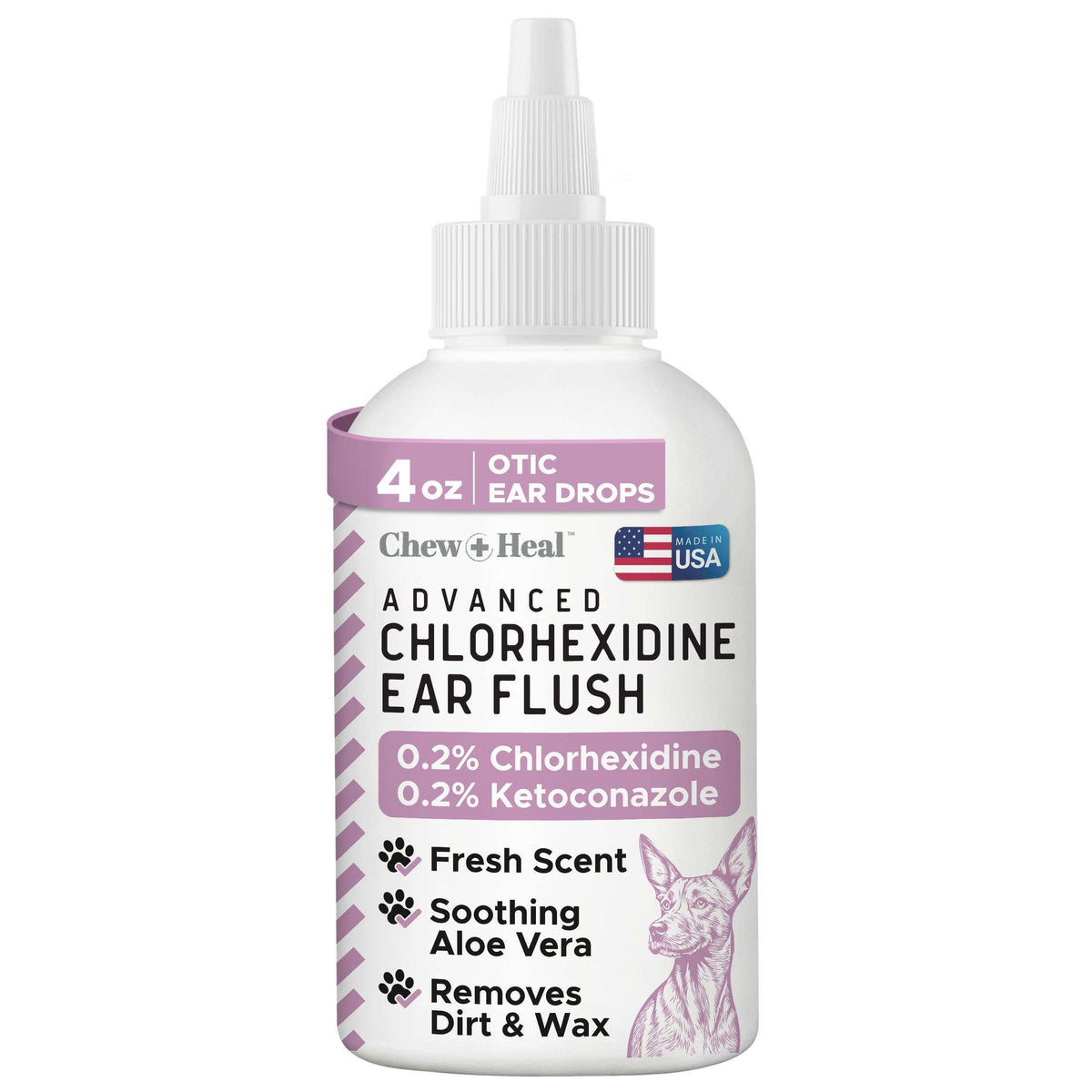 Chew + Heal Labs dog ear cleaner bottle pour demonstrates easy dispensing for dirt and wax relief.