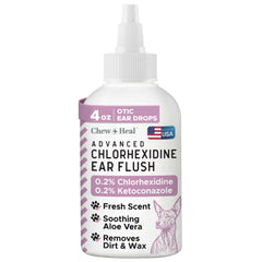 Chew + Heal Labs dog ear cleaner bottle pour demonstrates easy dispensing for dirt and wax relief.