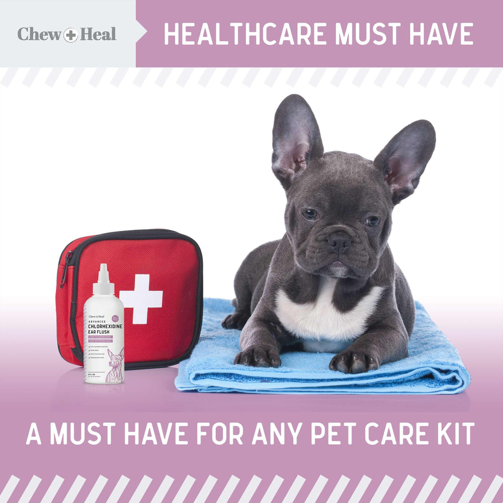 Chew Heal Labs dog ear cleaning steps illustration explains pre-cleaning and massaging base.