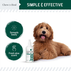 Chew + Heal Labs hot spots spray on dog skin for inflammation support