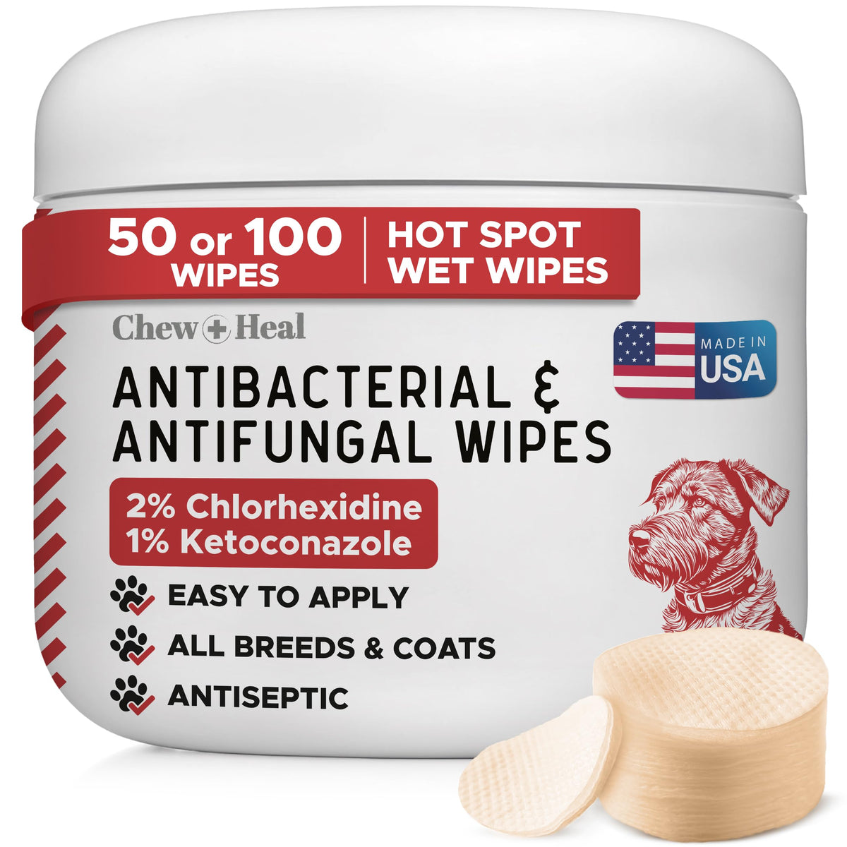 Chew + Heal Labs dog paw wipes jar with antibacterial antifungal formula.
