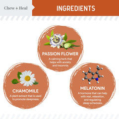 Chew + Heal Labs dog relaxation ginger chamomile blends soothe upset stomachs on road trips.